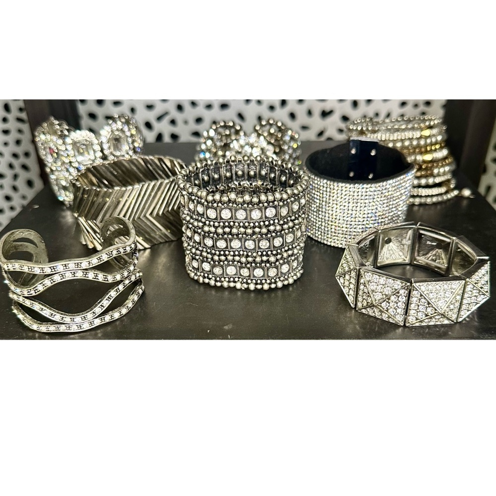 Silver and Gold Tone Statement Rhinestone Sparkle Party Evening Bracelet Lot Set - Picture 2 of 6